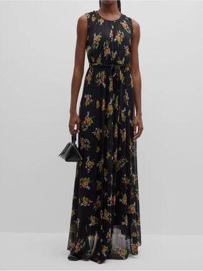 $746 FUZZI Italian Mesh Floral Maxi Dress Belted L